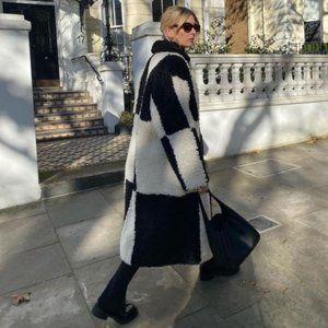 Stand Studio Black Nikki Checked Faux Fur Coat